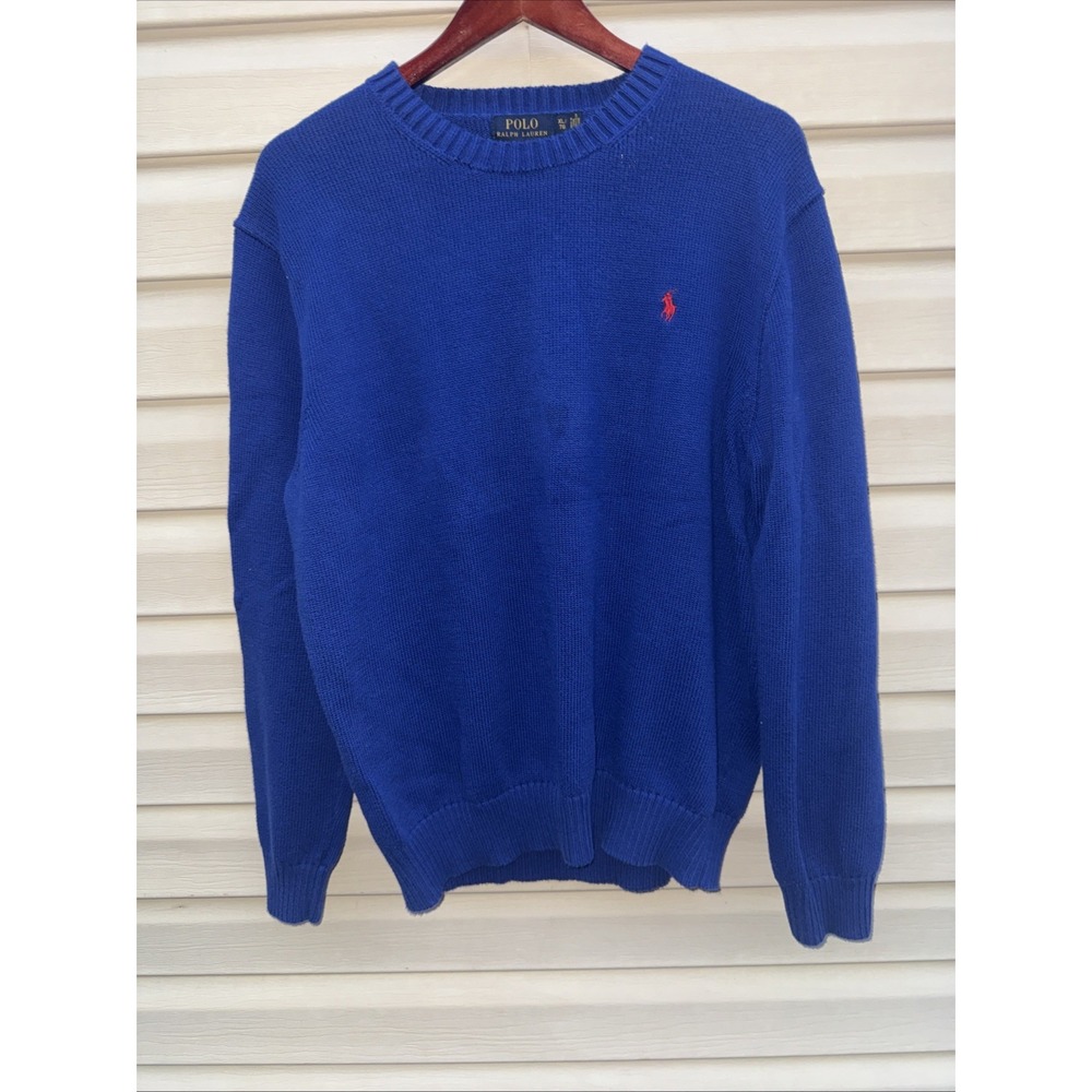 VTG Polo Ralph Lauren Sweater Mens XL Blue  Crewneck Pima Cotton Red   Pony